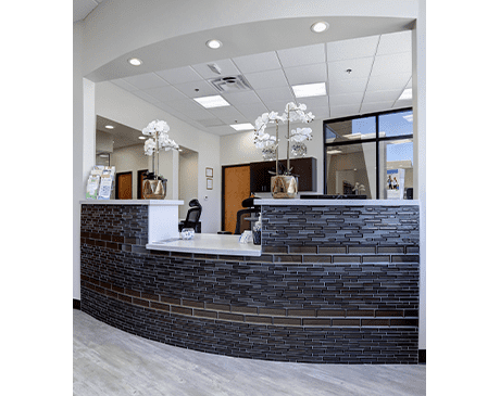 A view of the front desk from inside.